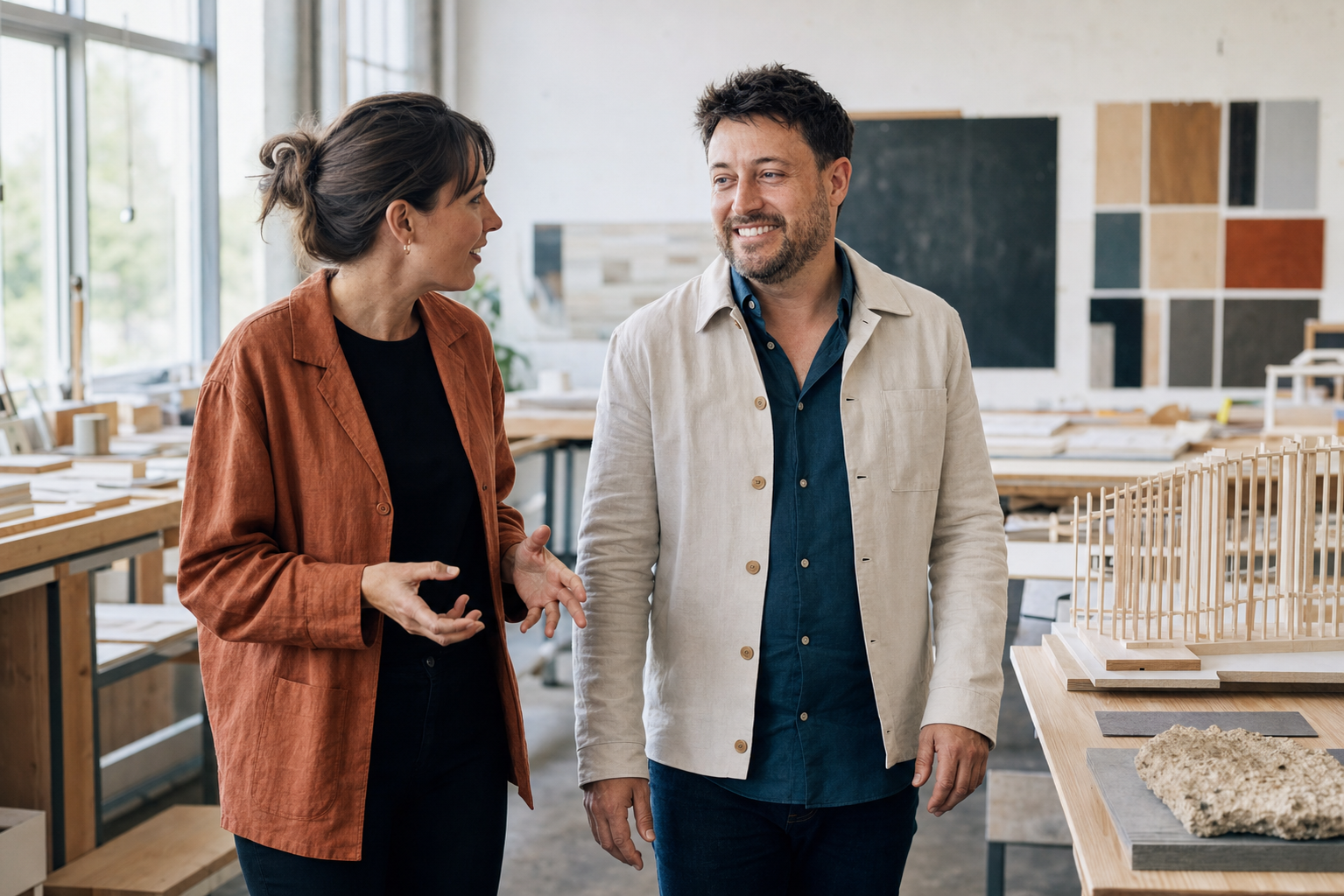 Pierre-Thomas échange avec une entrepreneure dans un atelier de design
